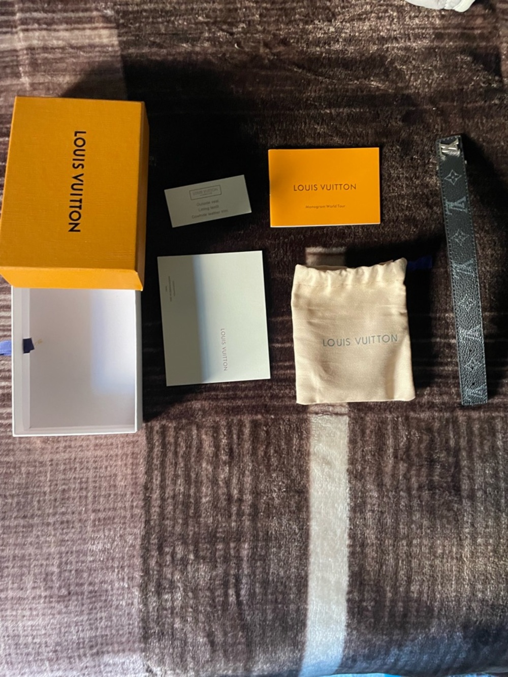 Louis Vuitton Black Monogram Canvas Strap with Orange Box and Cream Pouch